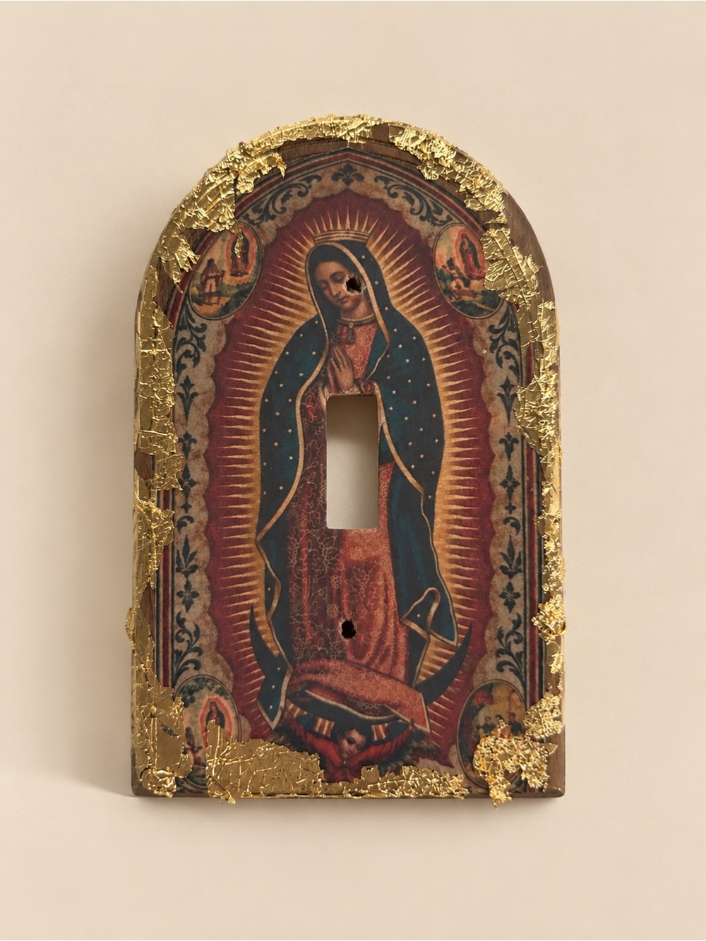 Handmade Decorative Gold-Trimmed Virgin Mary Light Switch Cover - Blue & Red